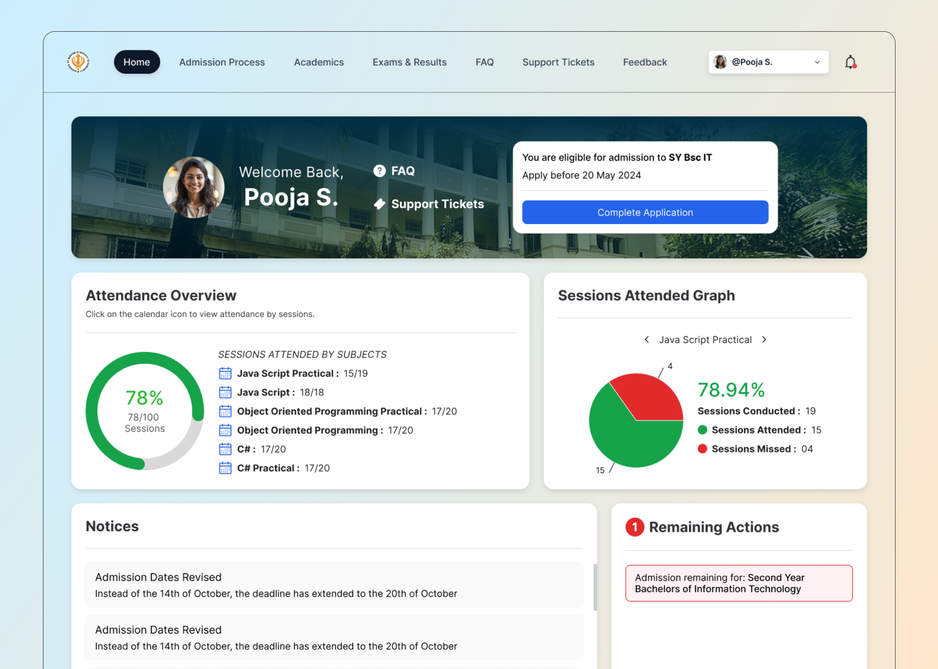 Student side post admission dashboard